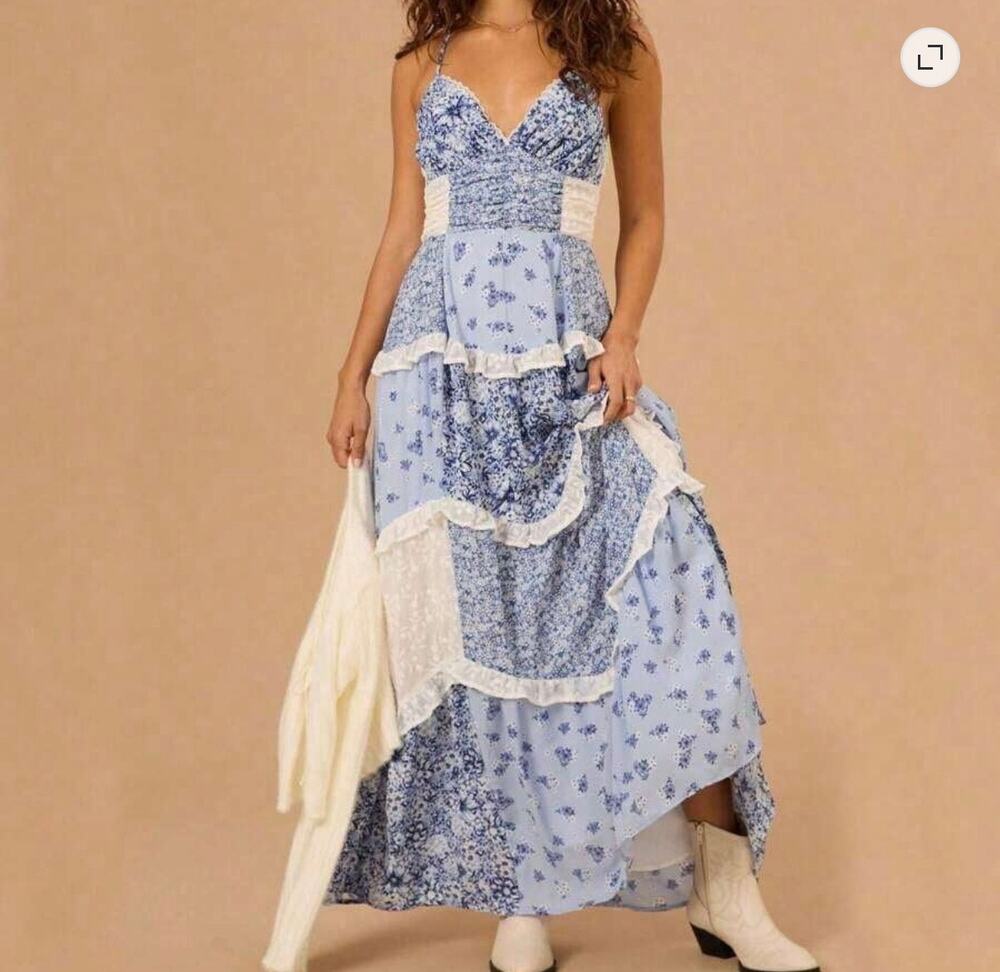 Altard State Blue Floral Patchwork Ruffle Maxi Dress size small